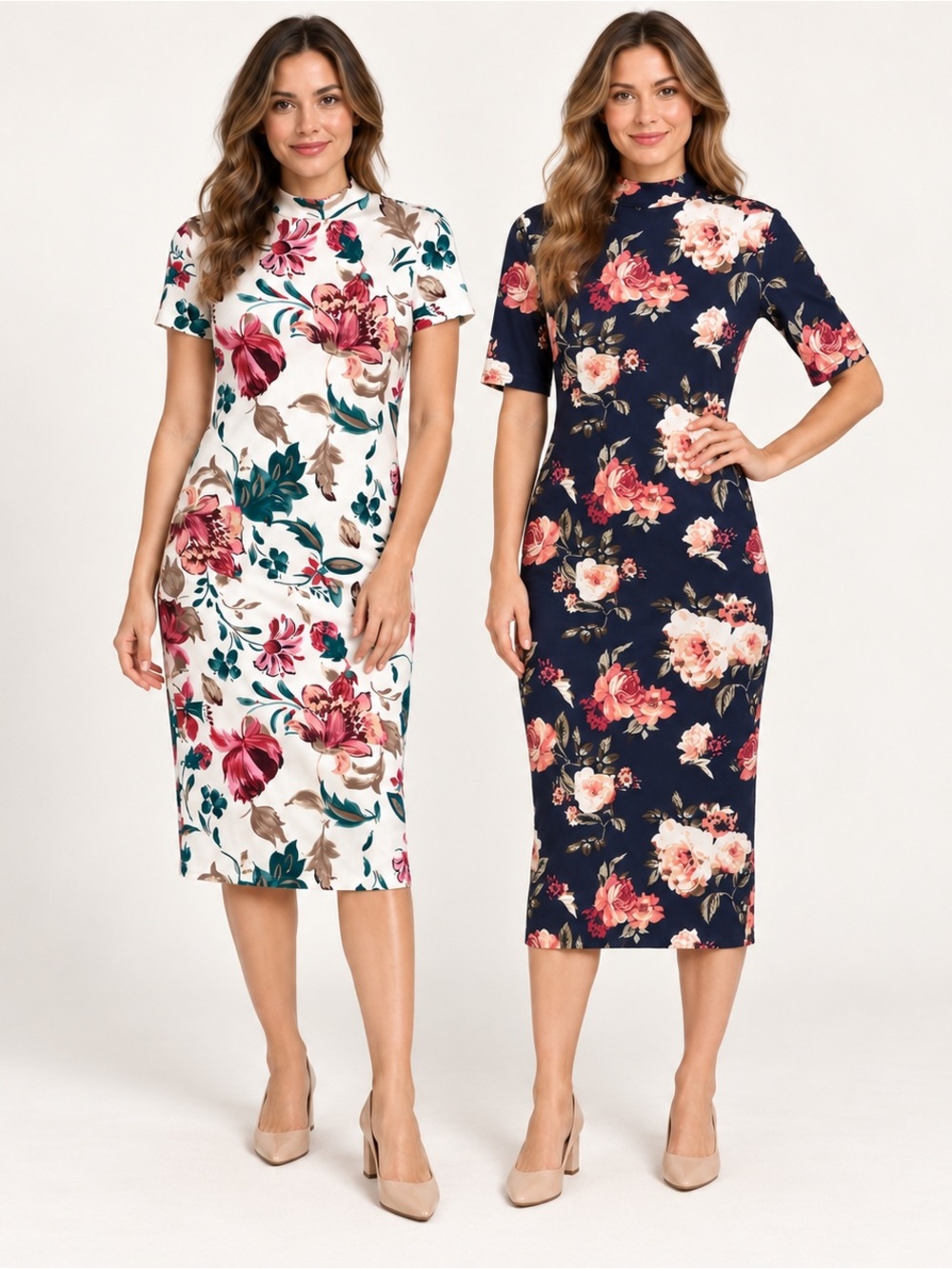 SHEIN Floral Mock Neck Midi Dress — White & Navy Floral